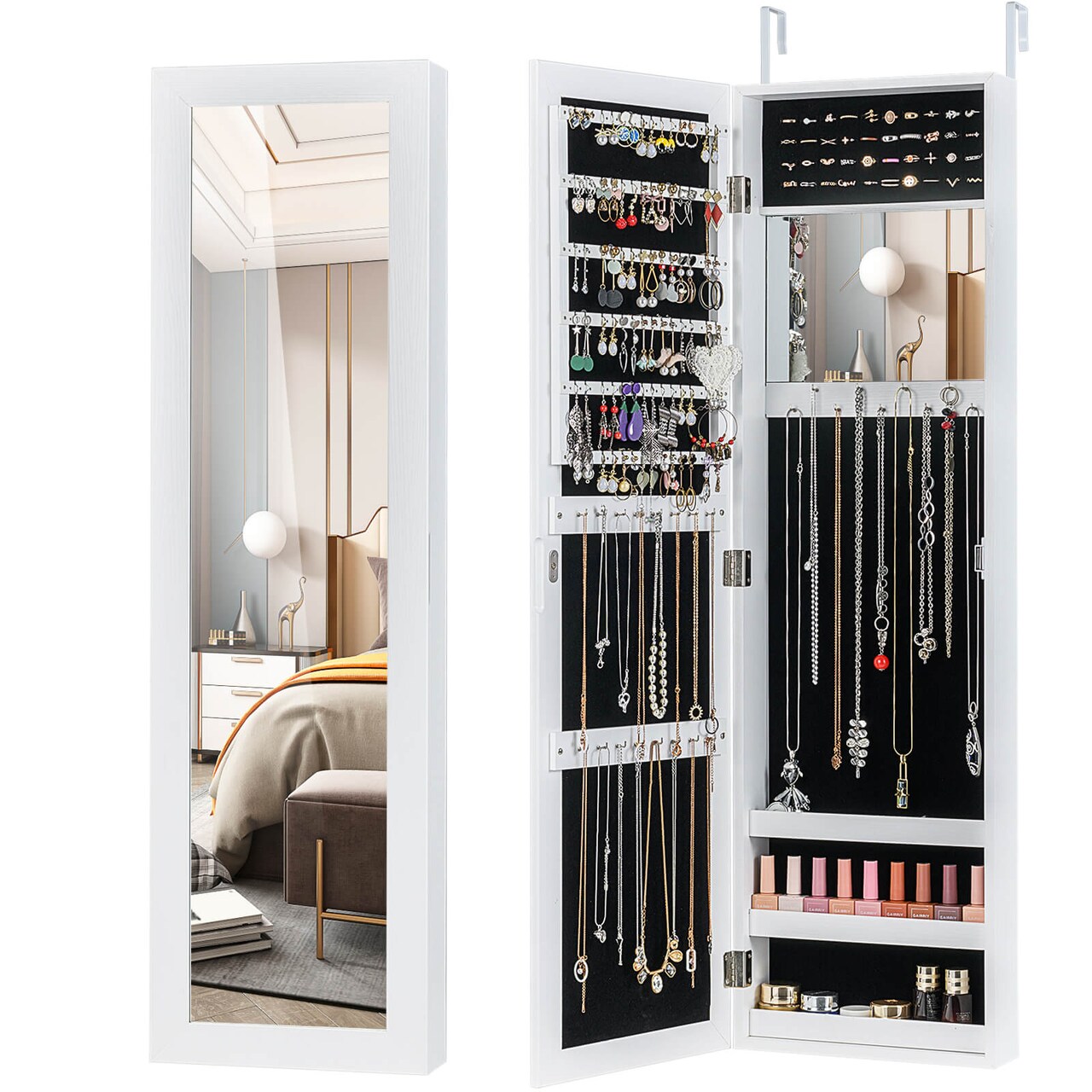 Costway Wall Door Mounted Mirrored Jewelry Cabinet Storage Organizer-Black/Brown/White